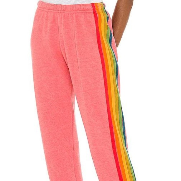 AVIATOR NATION 6 Stripe Rainbow Sweatpants Coral Pink Size Large - Picture 2 of 15